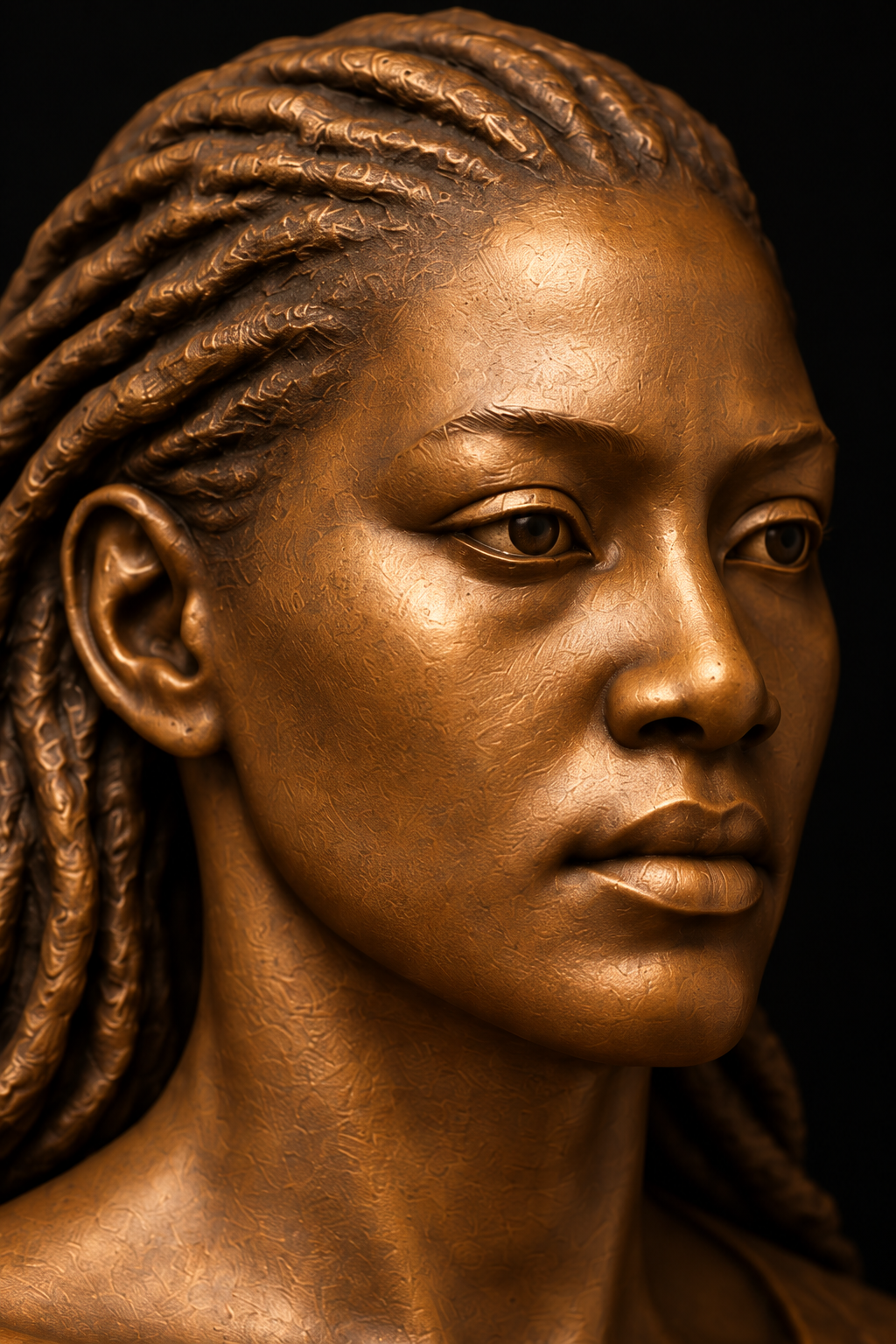 Macro study of the bronze-toned face, eyes, lips and locks