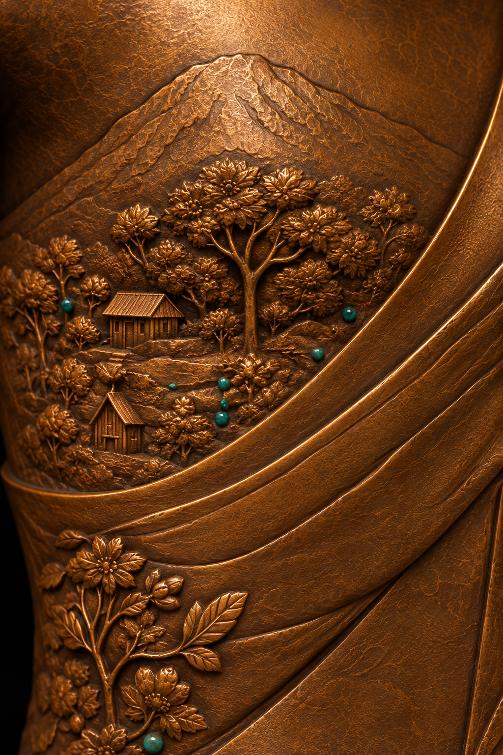 Macro study of bronze drapery, landscape relief, patina and raised edges