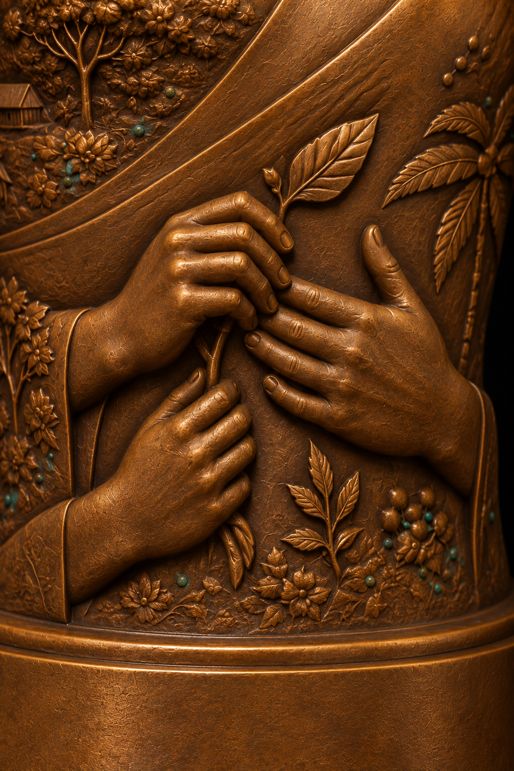 Macro study of three sculpted bronze hands and the plant within the lower torso relief