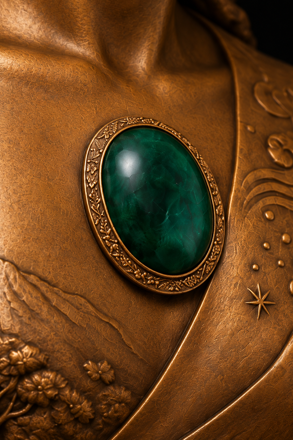 Macro study of the oval deep green stone and its decorative bronze-toned bezel