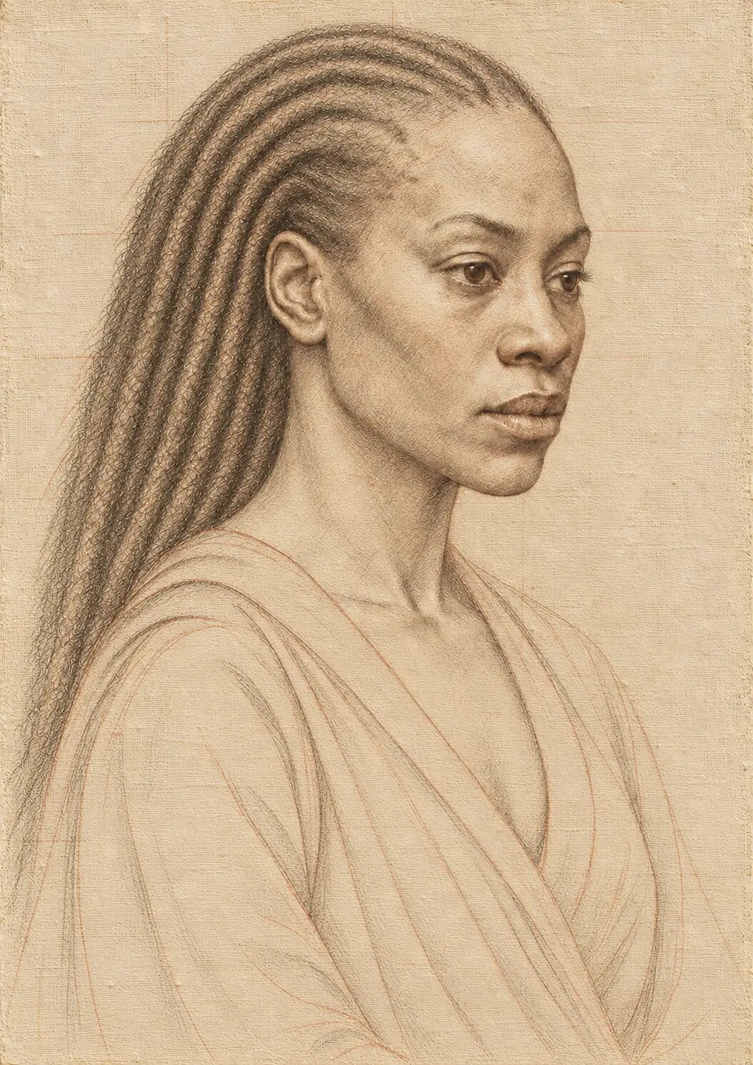 Refined pencil and charcoal underdrawing of the portrait on warm ivory linen.