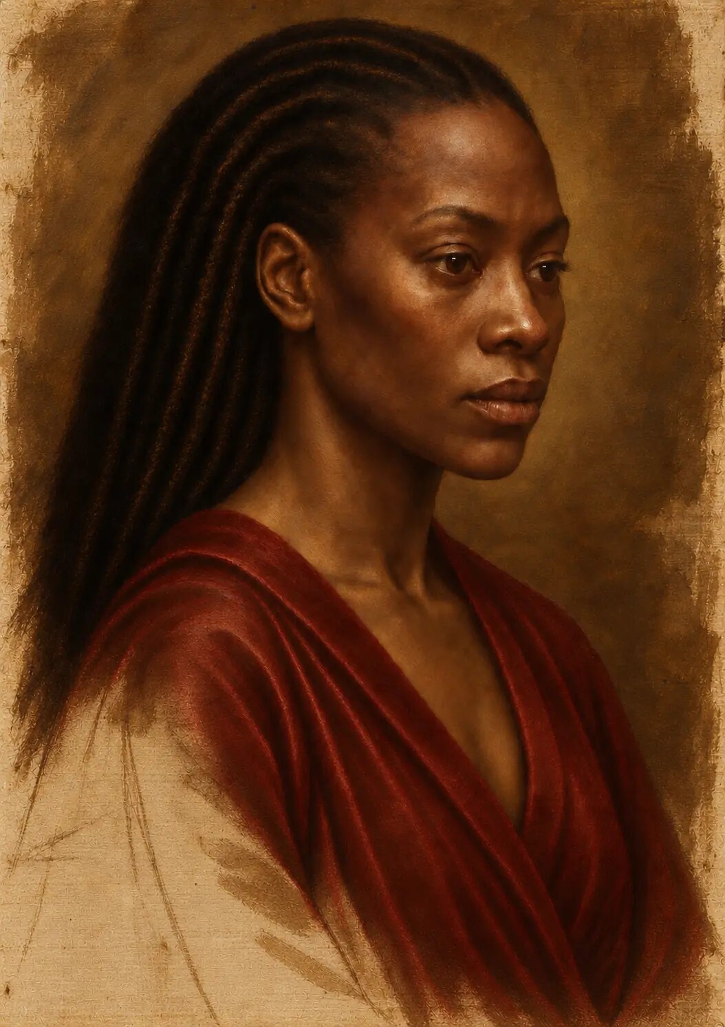 Developed portrait with the first opaque flesh passages and crimson glaze.