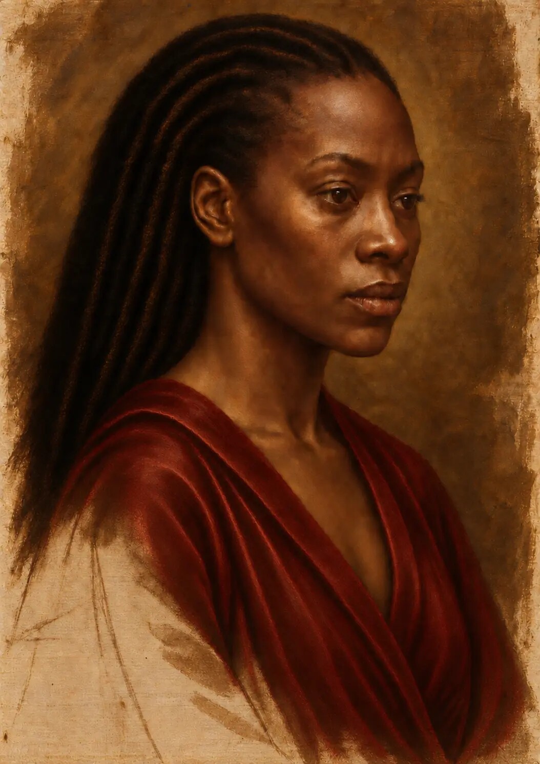 Portrait during the glazing and scumbling stage with deep crimson drapery and refined braids.