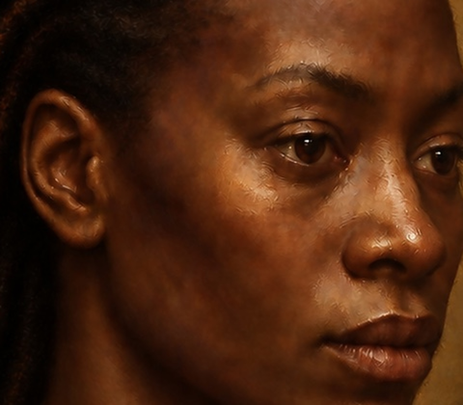 Close study of warm colour, cool undertones and broken brushwork across the face.