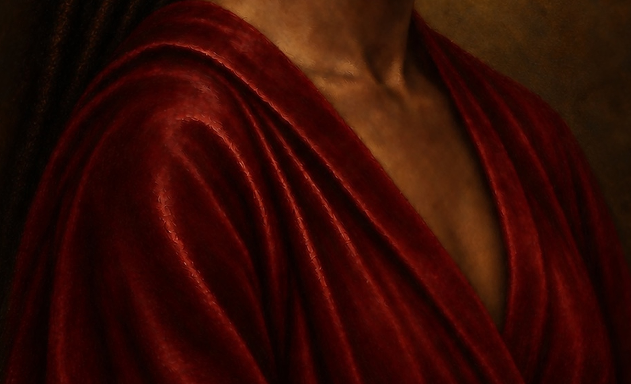 Close study of the deep red drapery, fold tension and raised highlights.
