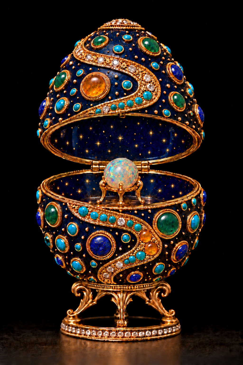 The Light Within open egg revealing a softly luminous opal-like sphere and a gold-starred blue interior
