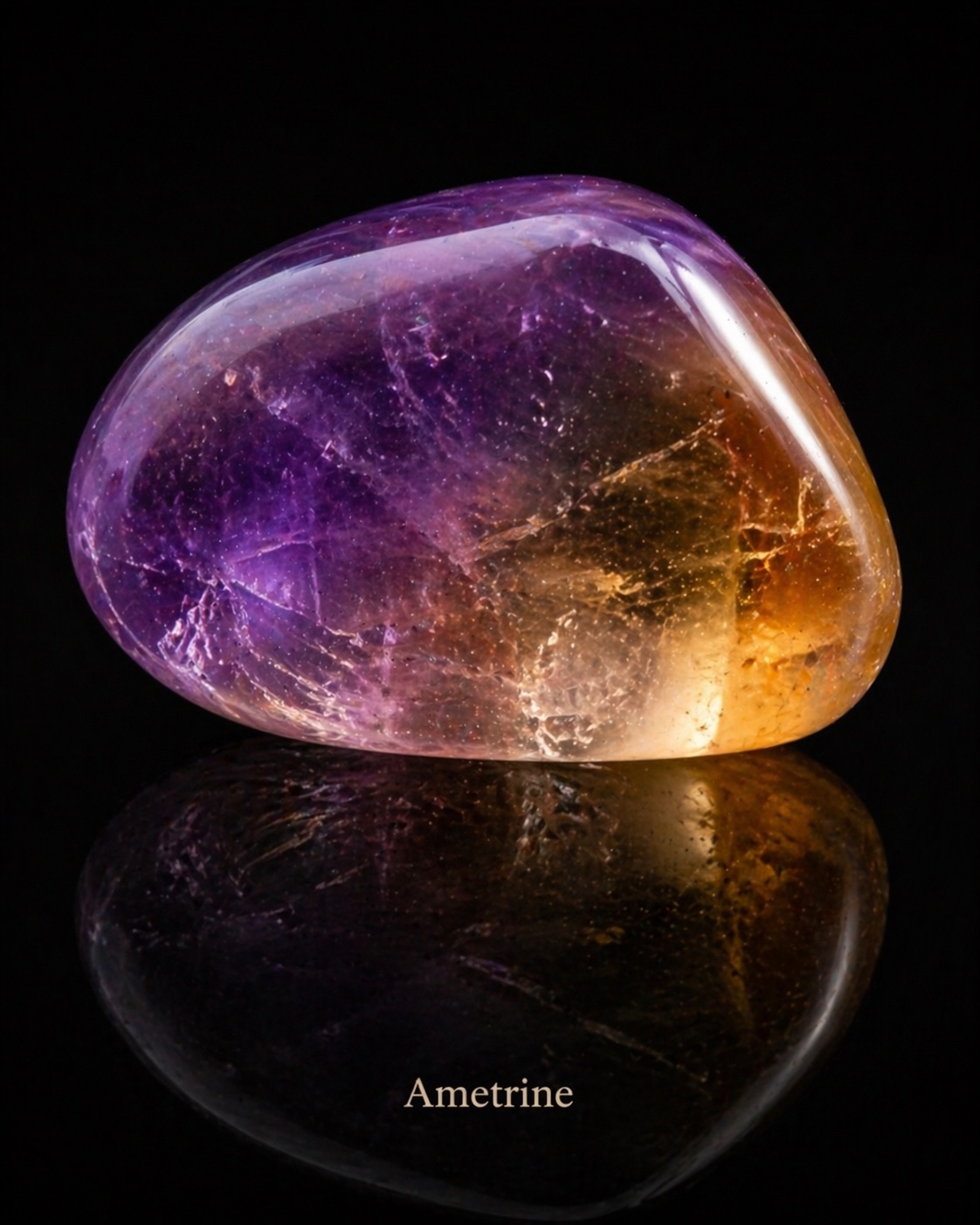 Purple and golden yellow ametrine reflected against black