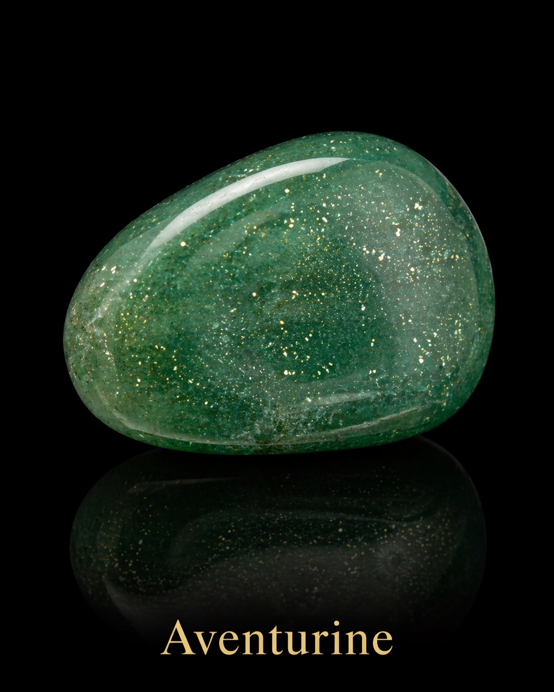 Green aventurine with scattered golden-looking flecks reflected against black