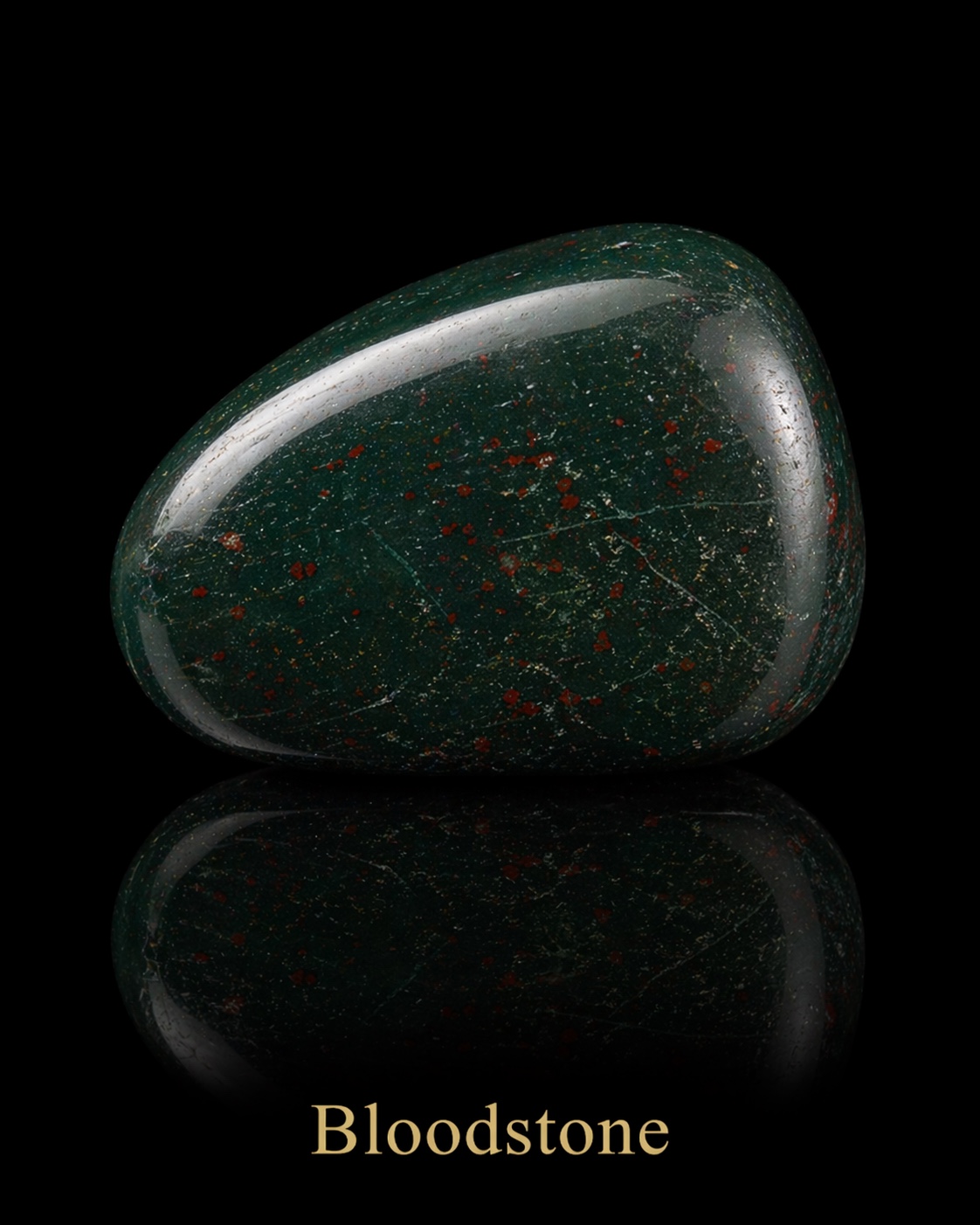 Dark green bloodstone with scattered red marks reflected against black