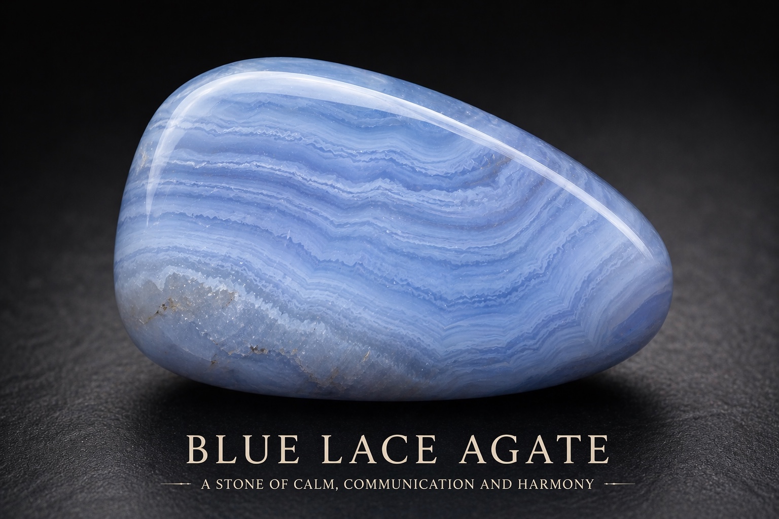 Pale blue and white banded Blue Lace Agate on a dark textured surface