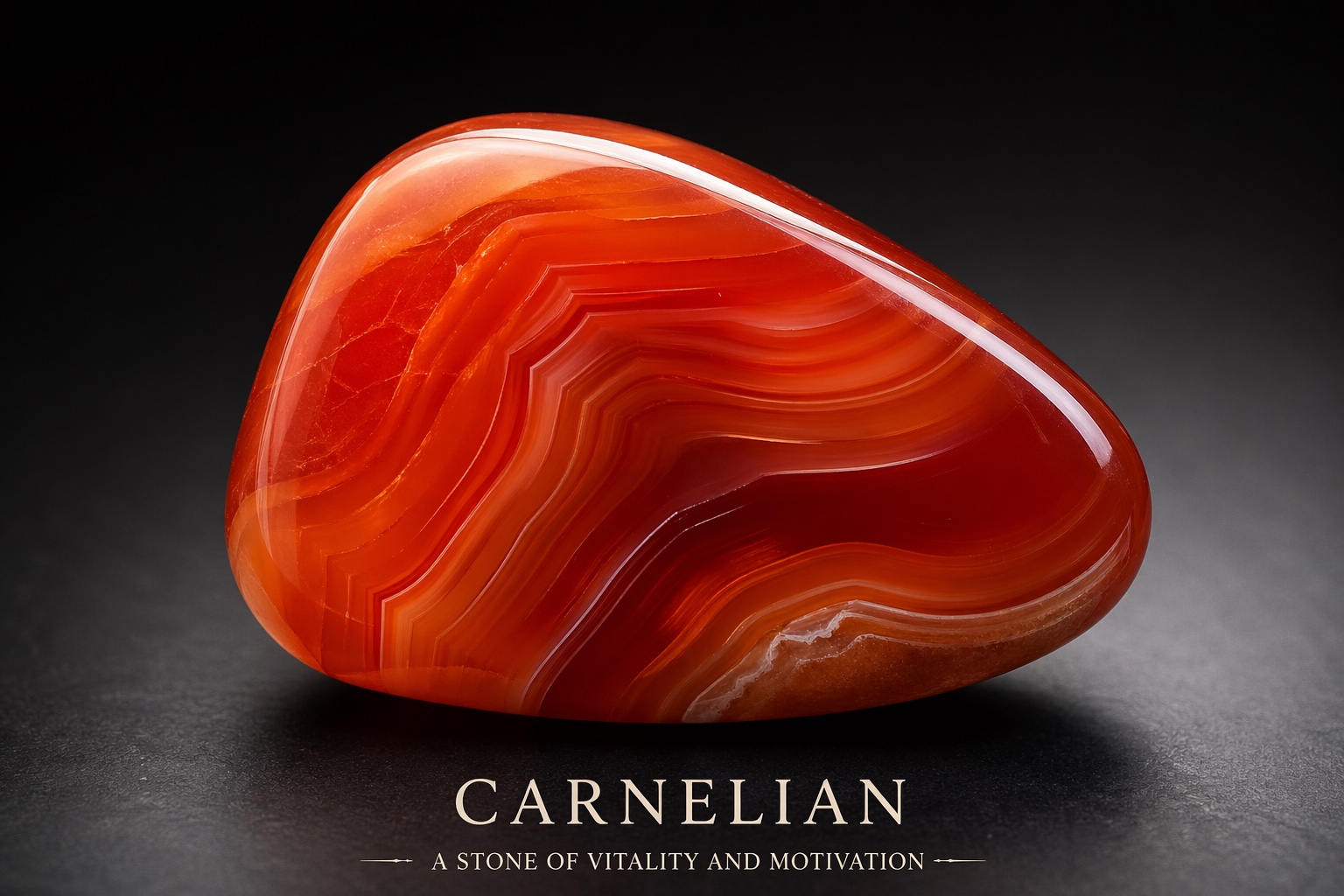Red-orange banded Carnelian on a dark textured surface