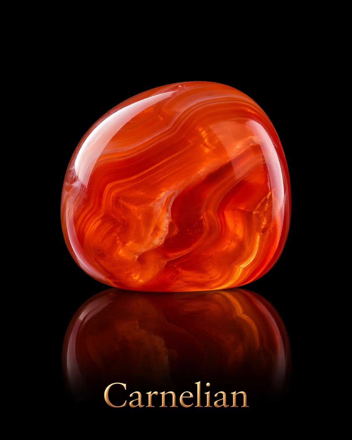 Orange-red carnelian with flowing bands, luminous interior passages and white reflections, reflected against black