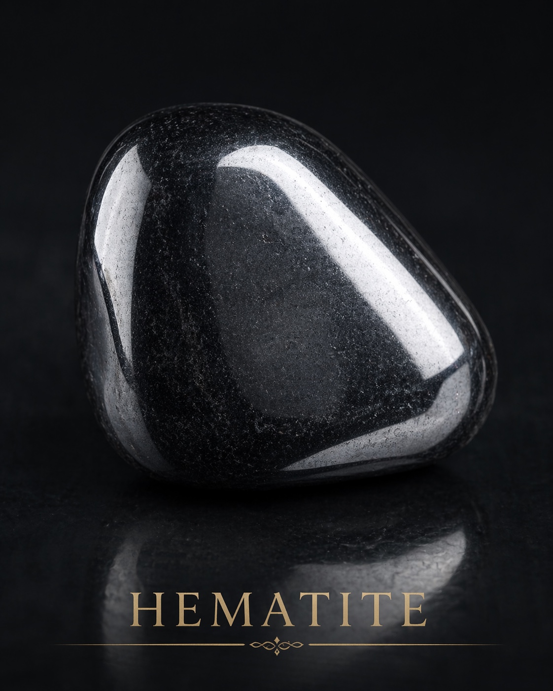 Dark steel-grey hematite with a rounded triangular outline and bright white reflections against black