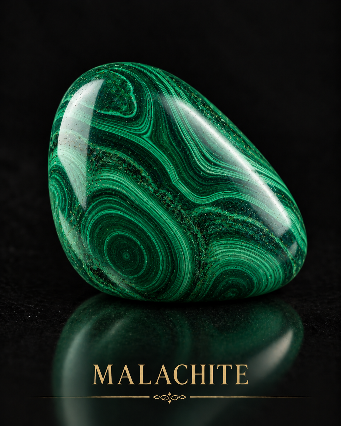 AI-generated polished Malachite reflected against black