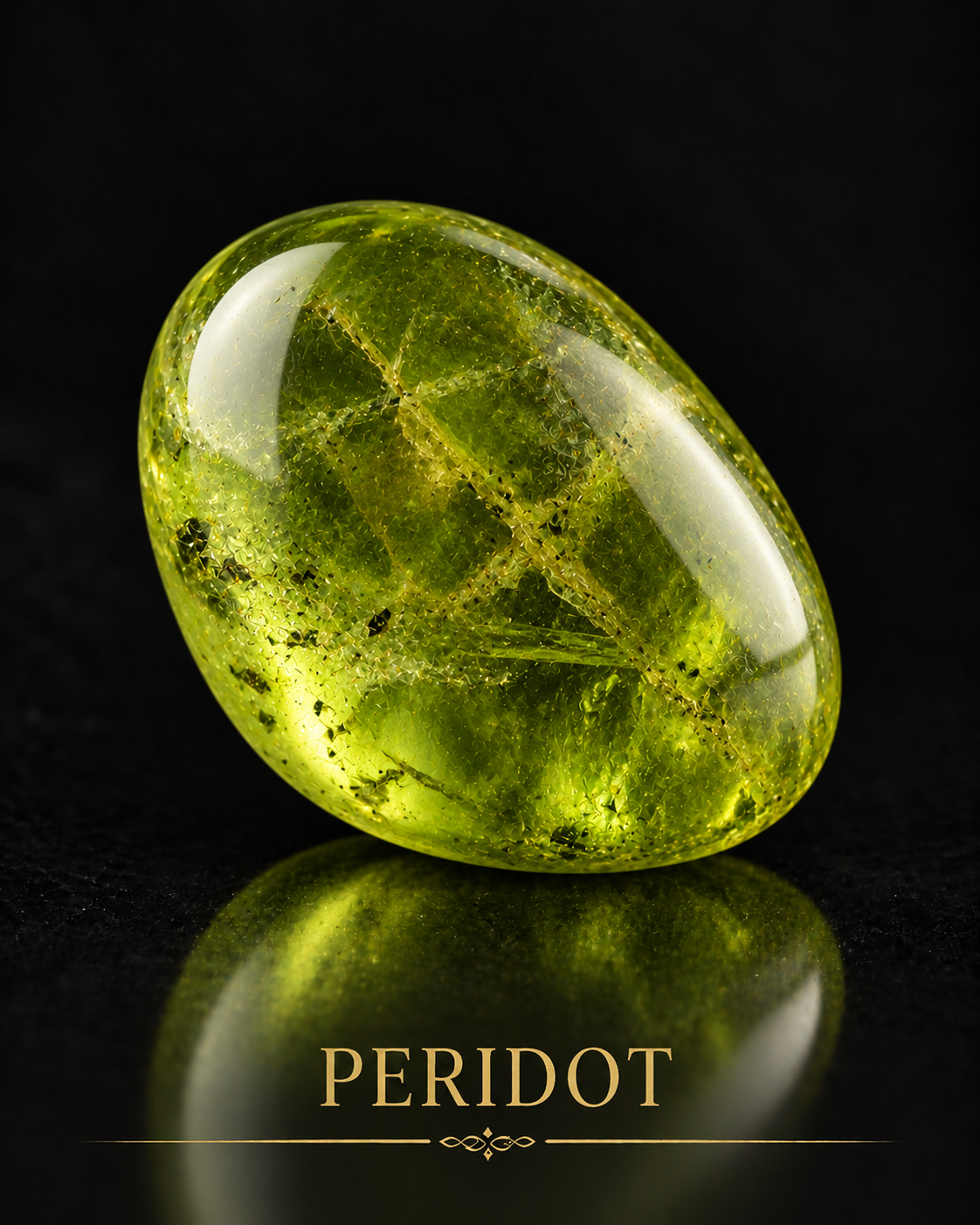 AI-generated polished Peridot reflected against black